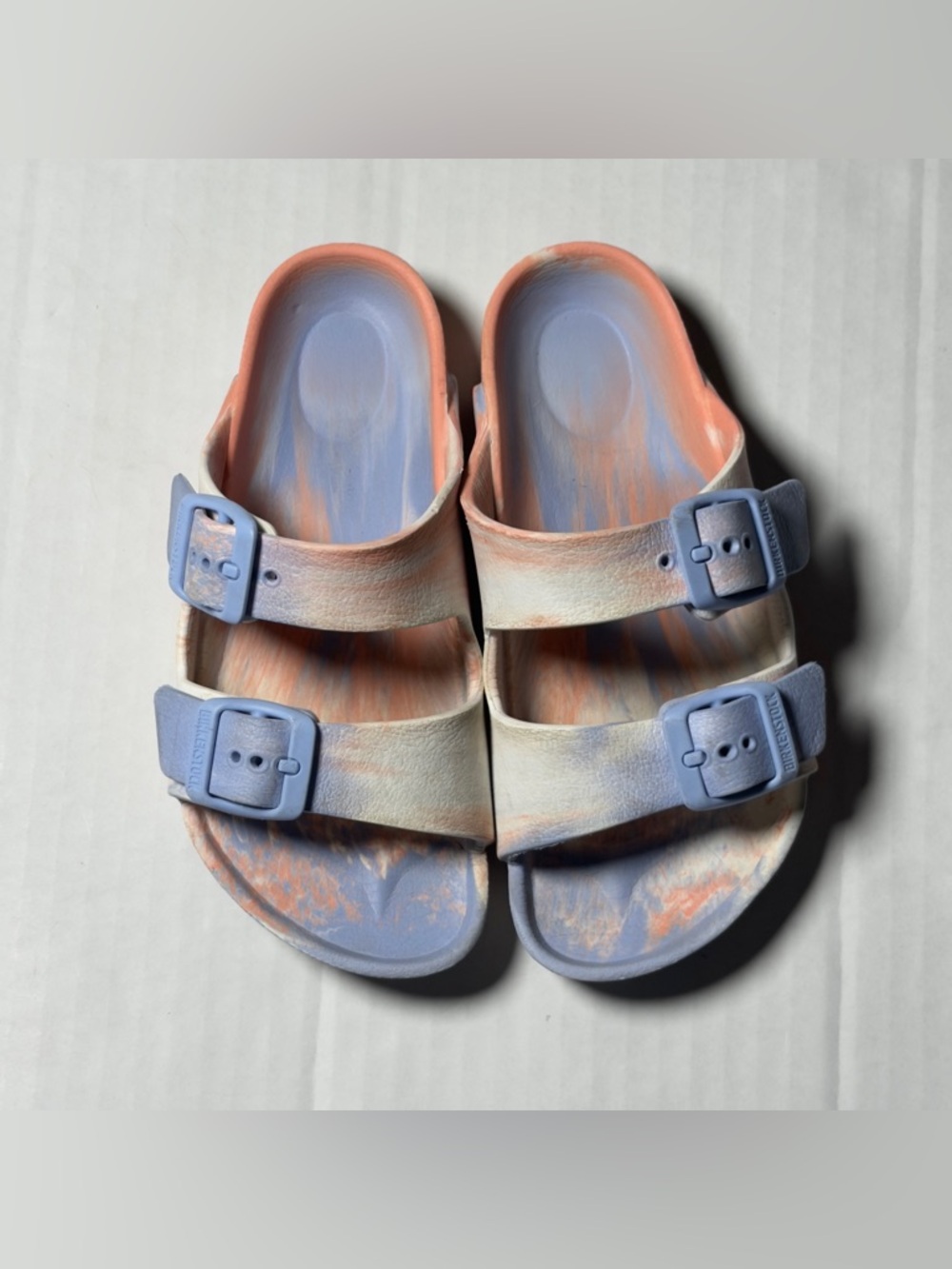 Birkenstock Kids Two-Strap Slides in Peach and Lavender